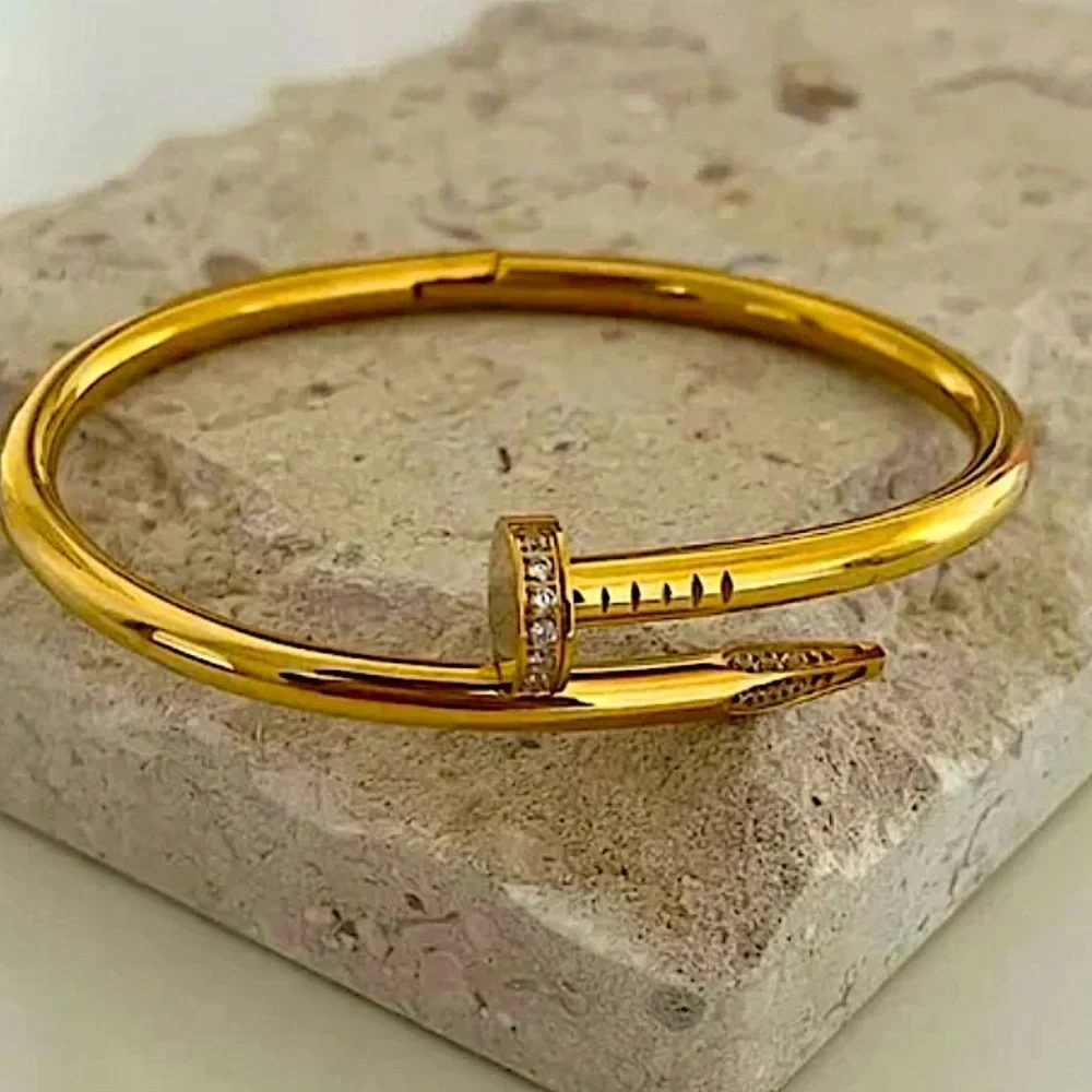 NWOT Elegant Gold Nail-Style Cuff Bracelet W/ Stones. Popular designerclick lock